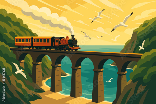Train crosses bridge over ocean with seagulls flying in the sky at sunset near coastal cliffs in a scenic landscape