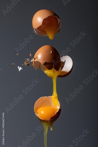 Eggs falling and cracking with yolk flowing out