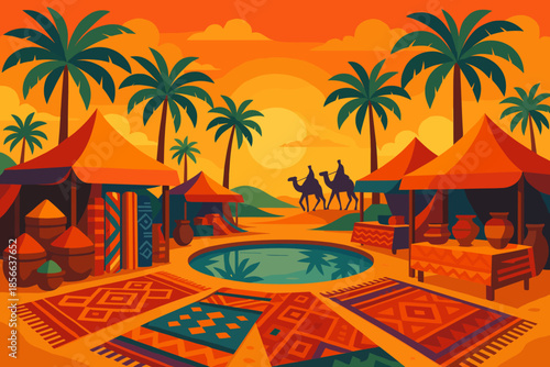 Colorful market scene with tents and camels at sunset in a desert