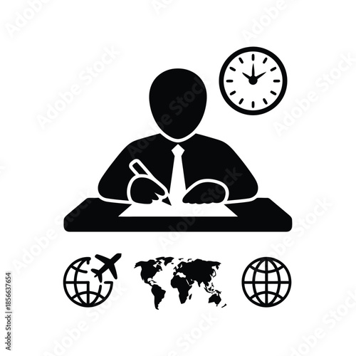 Person signing documents with global travel and time management icons