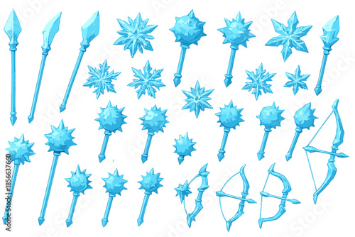 Bright blue ice weapons displayed on a white background in a craft or design setting