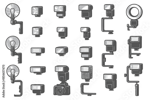 Collection of various camera flash equipment displayed on a simple background for photography enthusiasts and professionals