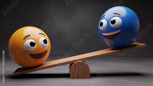 Playful Orange and Blue Balls Balancing on a Seesaw Scene.