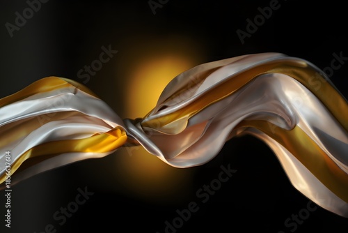 Elegant golden and white fabric flowing dramatically