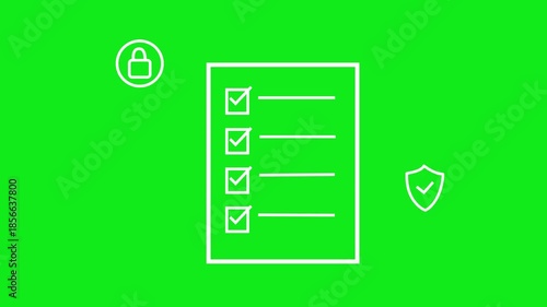 Collection of line art checklist animation with checkmarks and cybersecurity icons on a green background, security, privacy, compliance, data protection, or secure checklist