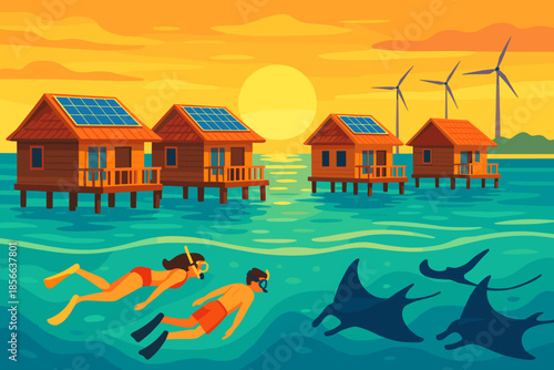 Snorkelers explore ocean waters near wooden houses at sunset with wind turbines in the background