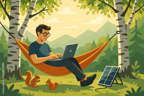 Person working on laptop while sitting in hammock in forest with squirrels and solar panel