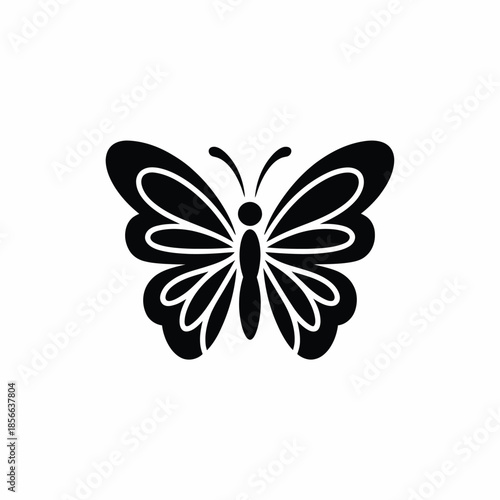 Simple black and white illustration of a butterfly with detailed wings