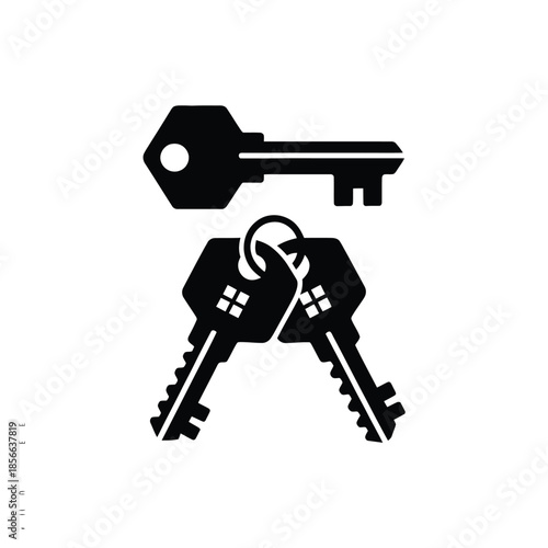 Simple black and white illustration of a key ring with three keys