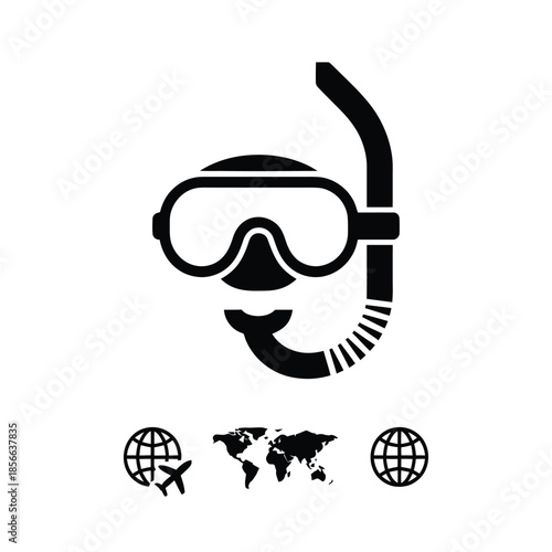 Snorkel mask and globes depict underwater exploration and worldwide travel