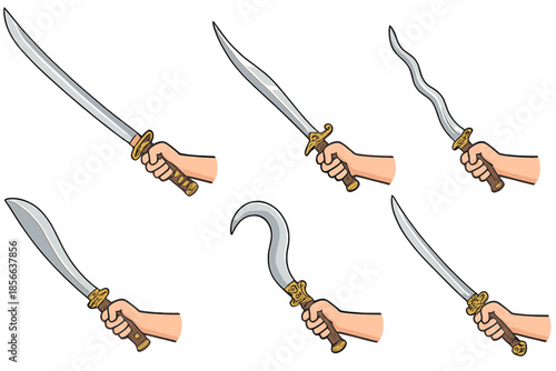 Different types of swords held by hands showing various grips in a simple and clear background setting
