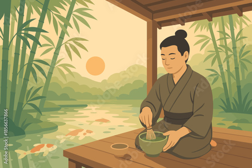 Traditional tea ceremony takes place near water at sunset with person preparing matcha in nature