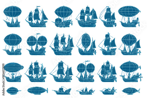 Various types of ships and airships arranged in a grid, showcasing designs from different eras and styles