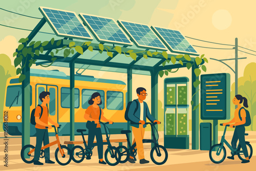 People waiting at a solar bus stop with bicycles near a train station in the evening