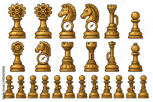 Unique set of chess pieces featuring gears and clocks with horse motifs arranged in a neat pattern on a white background