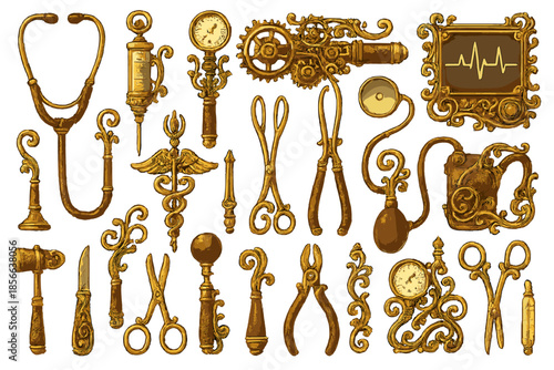 Collection of vintage medical tools and instruments with detailed designs and various shapes arranged on a white background
