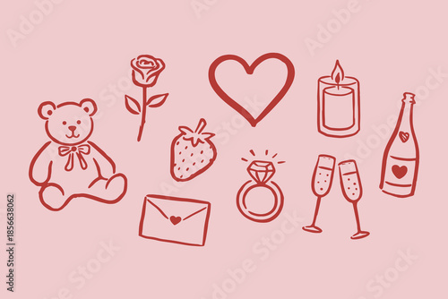Valentine love icons doodle sketch outline vector illustration