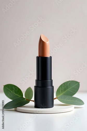 Nude lipstick in sleek black tube on white pedestal with green leaves