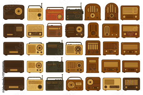 Collection of vintage radios displayed in an artistic pattern on a white background featuring various designs and colors