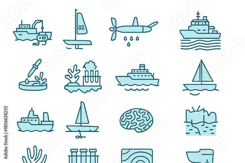 Various boat and marine related illustrations showing different types of vessels, equipment and sea life in a simple design style
