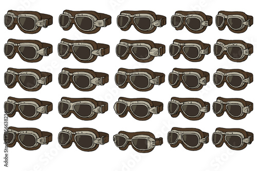 Multiple pairs of brown goggles with dark lenses arranged in neat rows on a white background for display