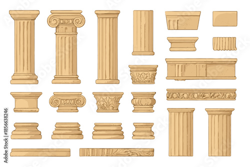 Collection of architectural columns and elements in various designs for art and design projects