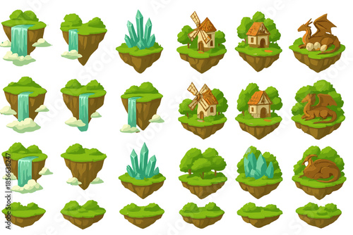 Colorful floating islands with waterfalls, trees, crystals, houses, and dragons in a fantasy setting during the daytime