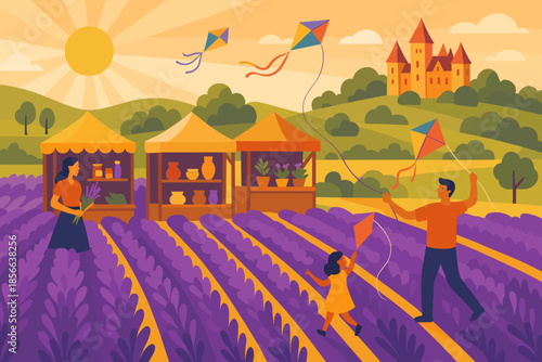 Children fly kites in a lavender field while vendors sell plants and pottery near a castle under a bright sun in the evening