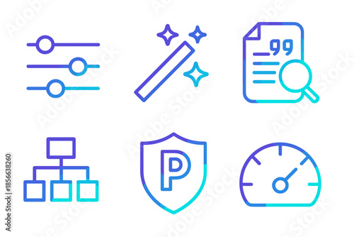 Design elements showing icons representing settings, magic, document, organization, security, and speed in a simple layout