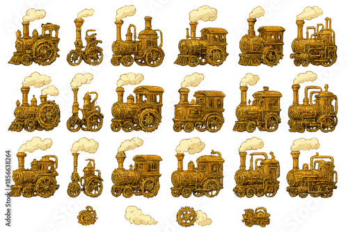 Various steam locomotives from different eras with distinct designs and features fired by coal and wood in a collection display