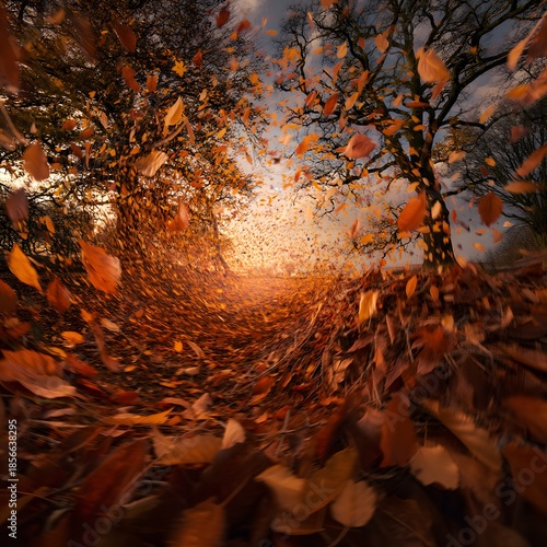 Vibrant autumn leaves swirling in whirlwind at sunset