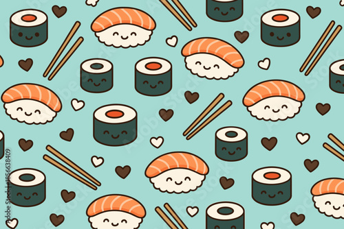Cute sushi pattern with various types of sushi and chopsticks on a light blue background
