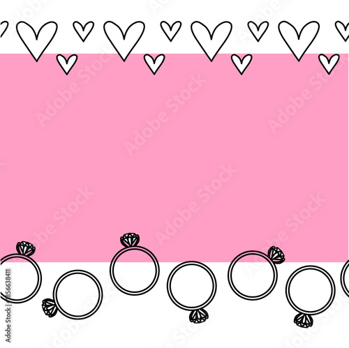 Hearts and diamond ring Valentine's Day Frame seamless horizontal border. Vector graphic line black and white illustration. Banner, poster, wrapping paper, sticker, print, modern textile design.