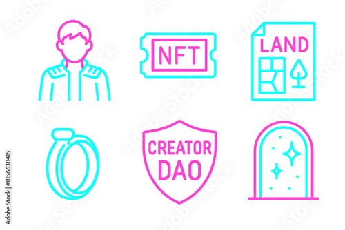 Icons representing digital assets and concepts in a modern graphic style with a focus on technology and creativity