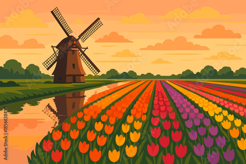 Pictures of tulip fields and a windmill during sunset in a rural landscape with colorful flowers and a calm river