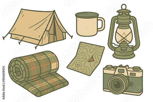 Camping gear and tools include a tent, blanket, map, lantern, mug, and camera for outdoor adventure activities