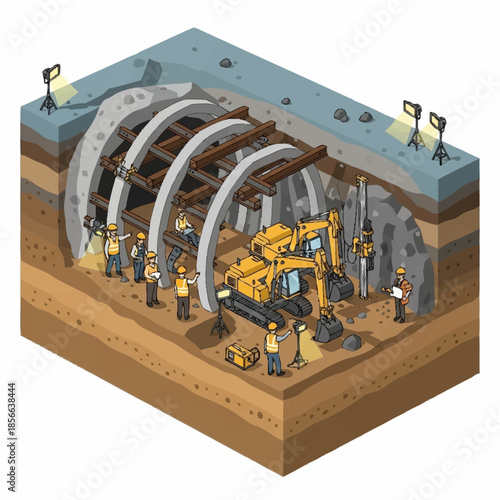 Isometric illustration of underground tunnel construction with workers and excavator.