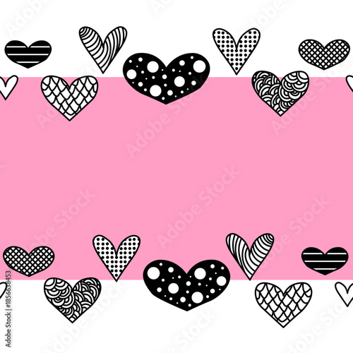 Heart Line Art Valentine's Day Frame seamless horizontal border. Vector graphic line black and white illustration. Banner, poster, wrapping paper, sticker, print, modern textile design.