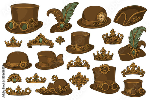 Collection of unique hats and crowns with details for a creative event setup
