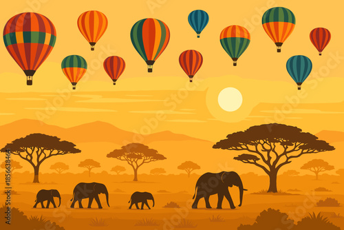 Elephants walk through a savanna while hot air balloons float in the sunset sky across the landscape