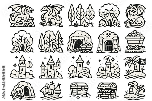 Dragons, trees, caves, castles, and treasures create a fantasy scene full of adventure and imagination