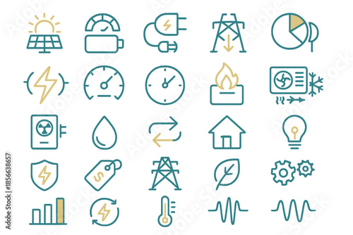 Collection of energy and power icons showing various energy sources and usage measurements for graphic design projects