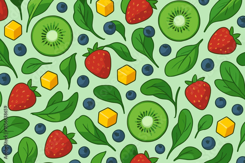 Colorful pattern of fruits and vegetables on a light green background featuring strawberries, kiwi, blueberries, spinach, and cheese