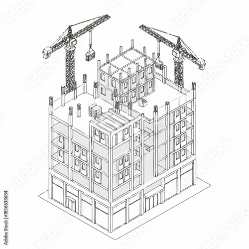 Isometric outline drawing of a building under construction with cranes.