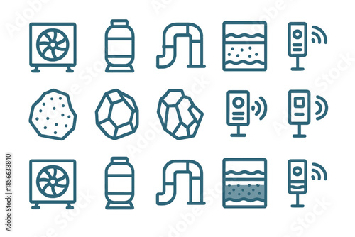 Various icons representing different elements of a processing system in a simple style with a light background