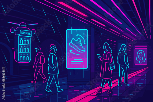 People walking in a subway station under bright neon lights during a rainy evening