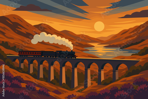 Train travels across a bridge at sunset with mountains and water in the background