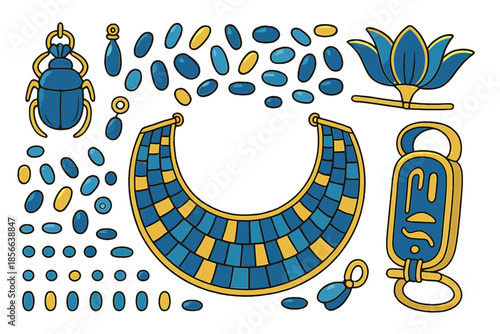 Jewelry design elements featuring blue stones, scarab beetle, and a lotus flower on a simple background