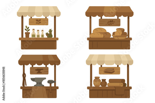 Market stalls display bread, pottery, tools, and oil products in a village setting during a busy daytime event