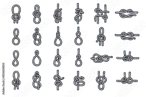 Different types of knots displayed in a grid format showing various styles and methods for practical uses